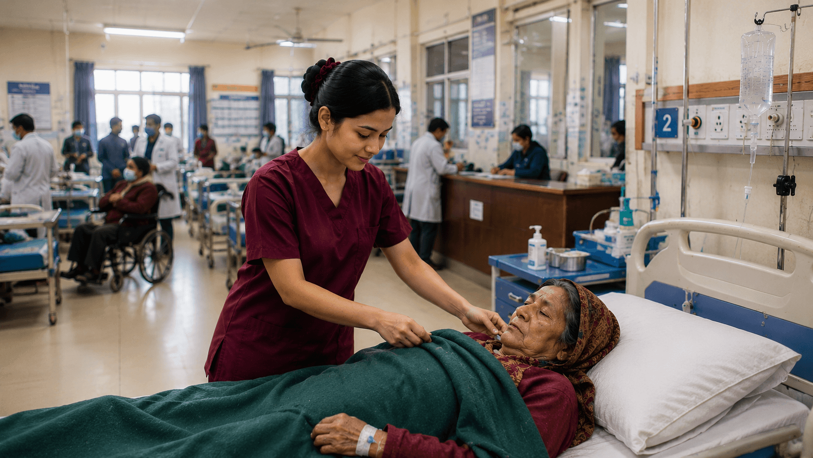 Nurse providing patient care in a BPKIHS hospital ward